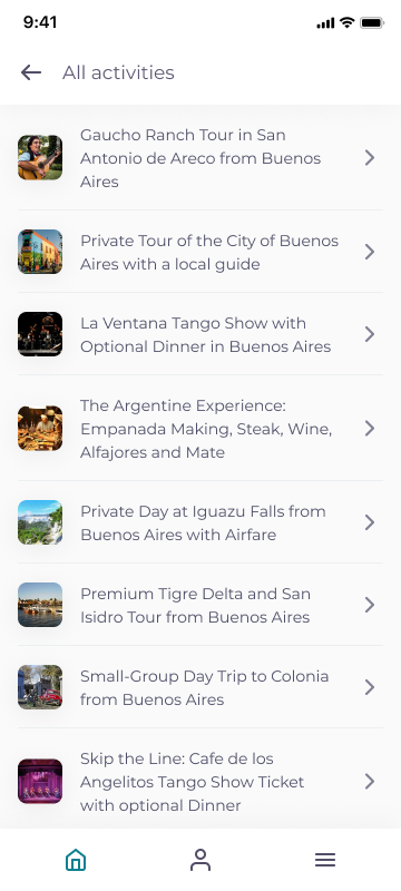 TravelKey high fidelity design: activity list