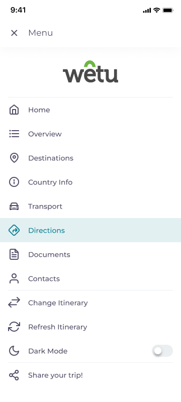 TravelKey high fidelity design: app menu